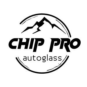 Black and white logo of Chip Pro Autoglass with Mountains in the background.