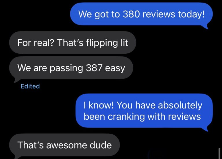 Text exchange between two employees talking about Google reviews